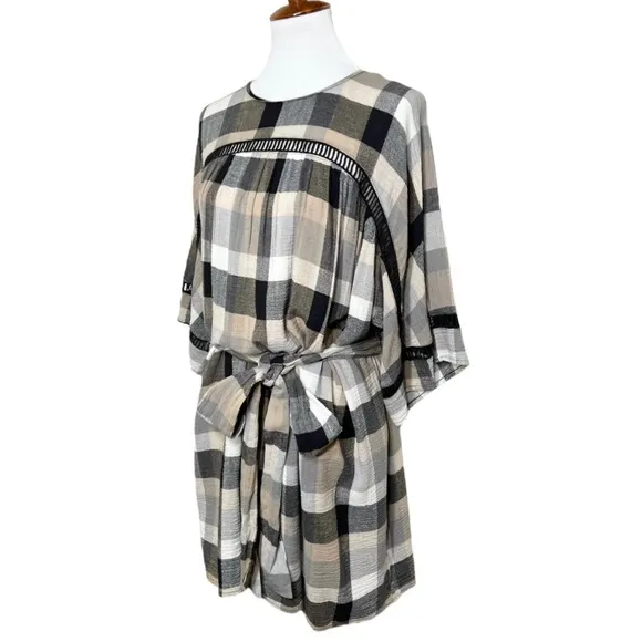 Anthropologie Black Cream Plaid Check Draped Tie Waist Belted Kimono ShirtDress