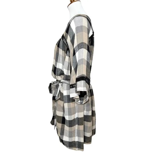 Anthropologie Black Cream Plaid Check Draped Tie Waist Belted Kimono ShirtDress