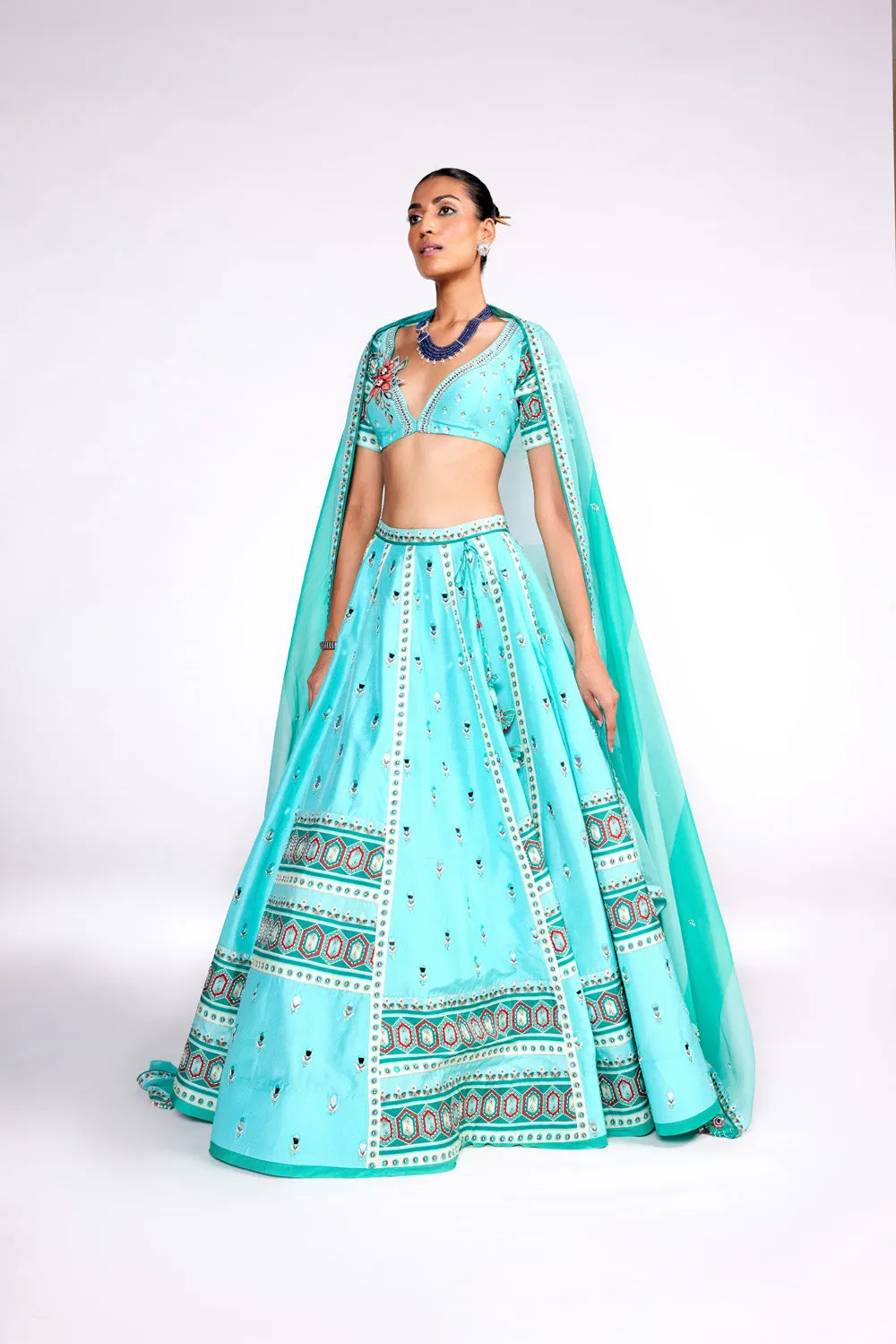 Aqua Green Embroidered Silk Lehenga Set