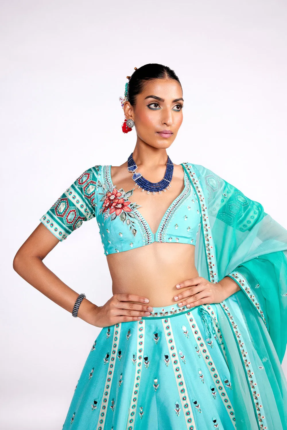Aqua Green Embroidered Silk Lehenga Set