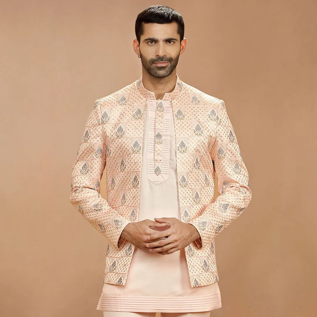 Artsilk Peach Jacket With Jodhpuri  Set
