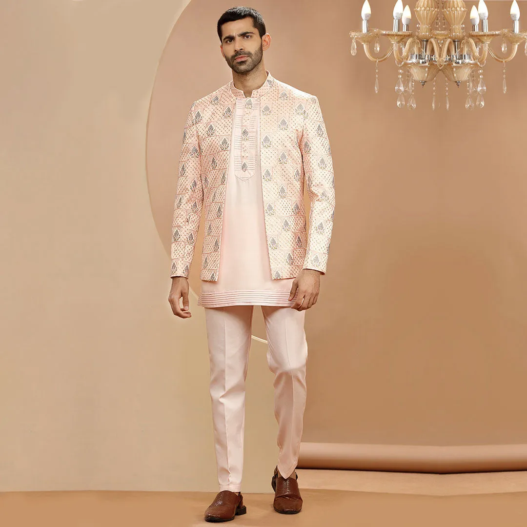 Artsilk Peach Jacket With Jodhpuri  Set