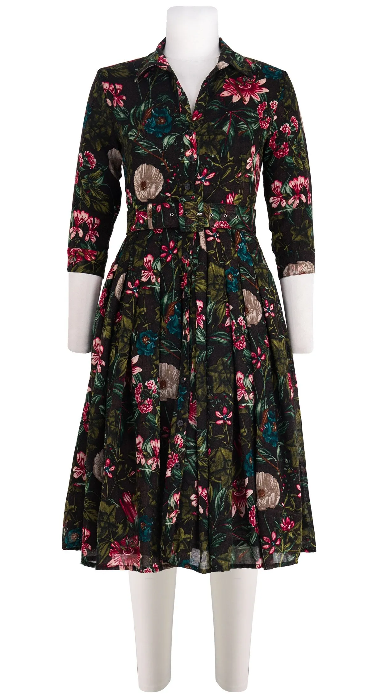 Audrey Dress #4 Shirt Collar 3/4 Sleeve Midi Length Wool Musola (Passion Flora)