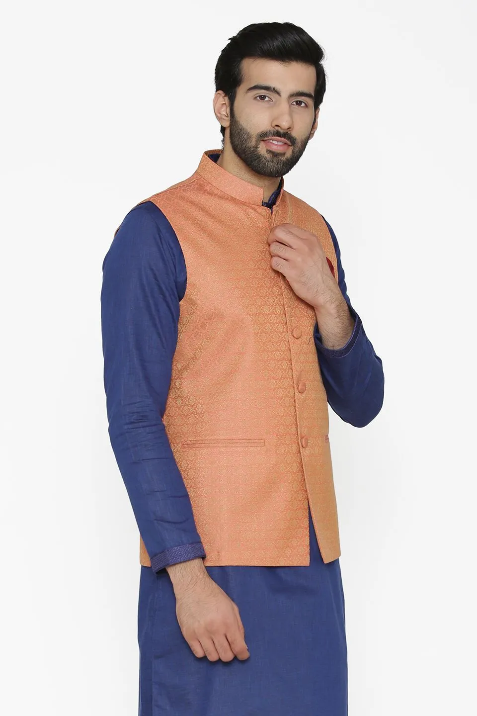 Banarasi Art Silk Cotton Blend Orange Modi Nehru Jacket