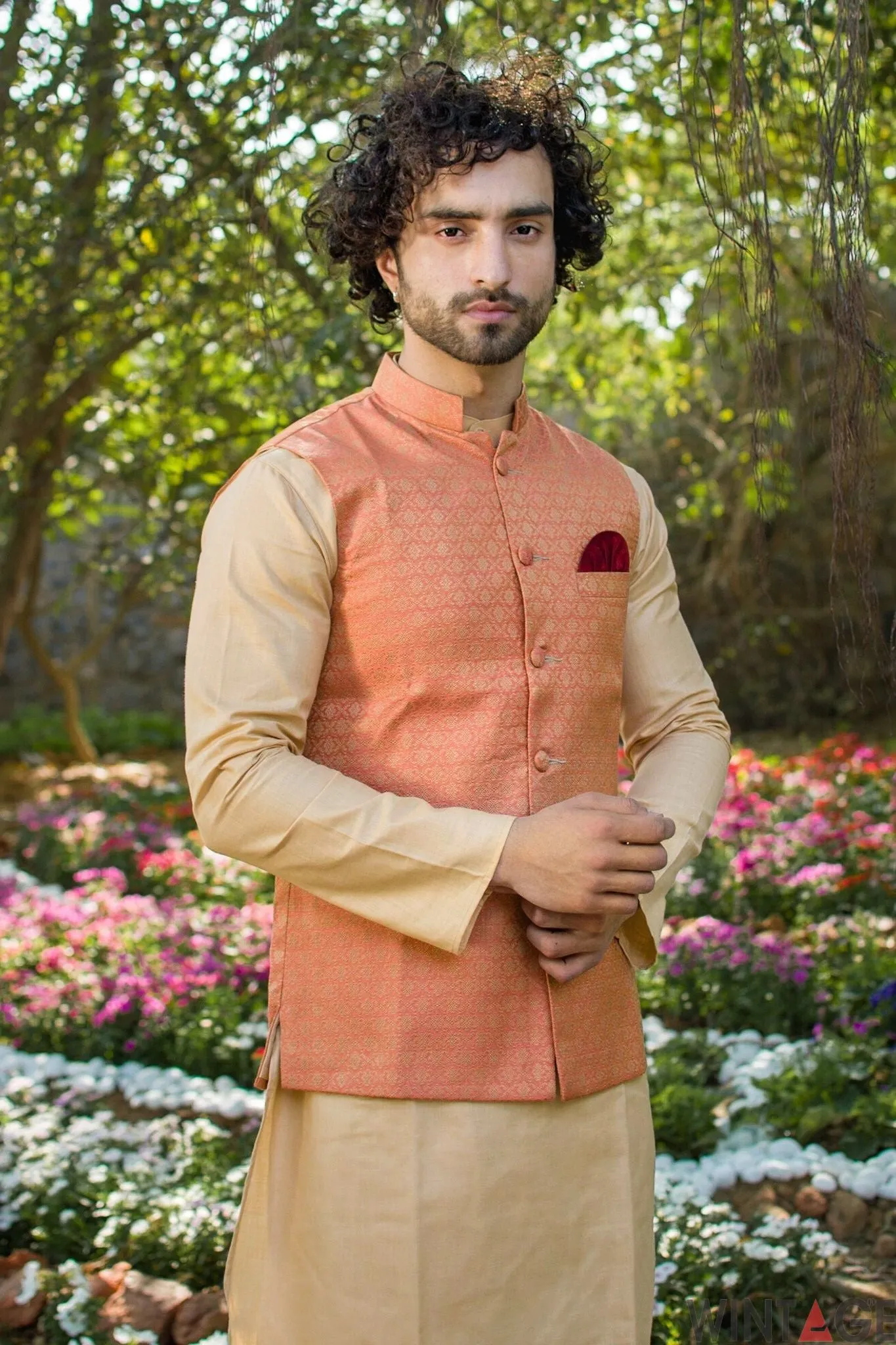 Banarasi Art Silk Cotton Blend Orange Modi Nehru Jacket