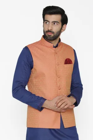 Banarasi Art Silk Cotton Blend Orange Modi Nehru Jacket
