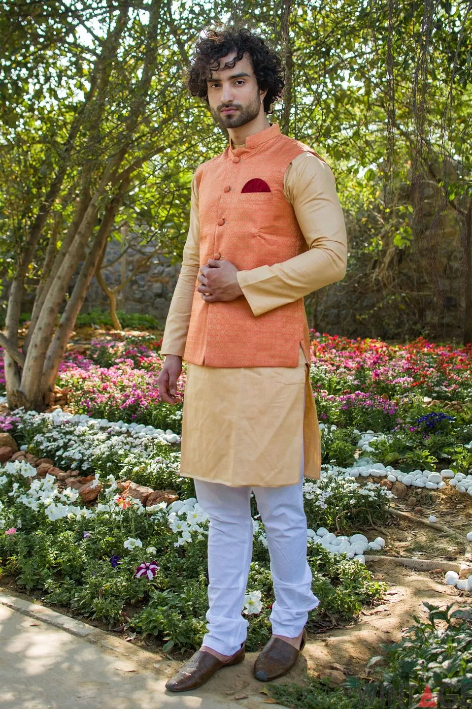 Banarasi Art Silk Cotton Blend Orange Modi Nehru Jacket