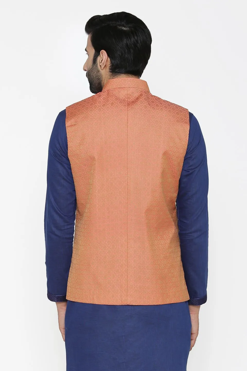 Banarasi Art Silk Cotton Blend Orange Modi Nehru Jacket