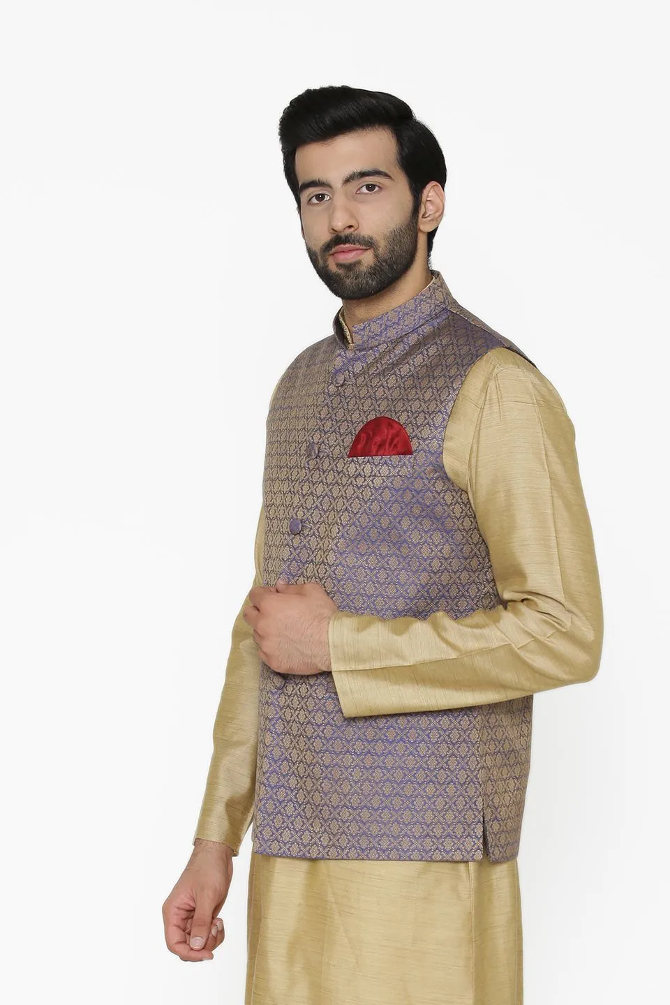 Banarasi Art Silk Cotton Blend Purple Modi Nehru Jacket