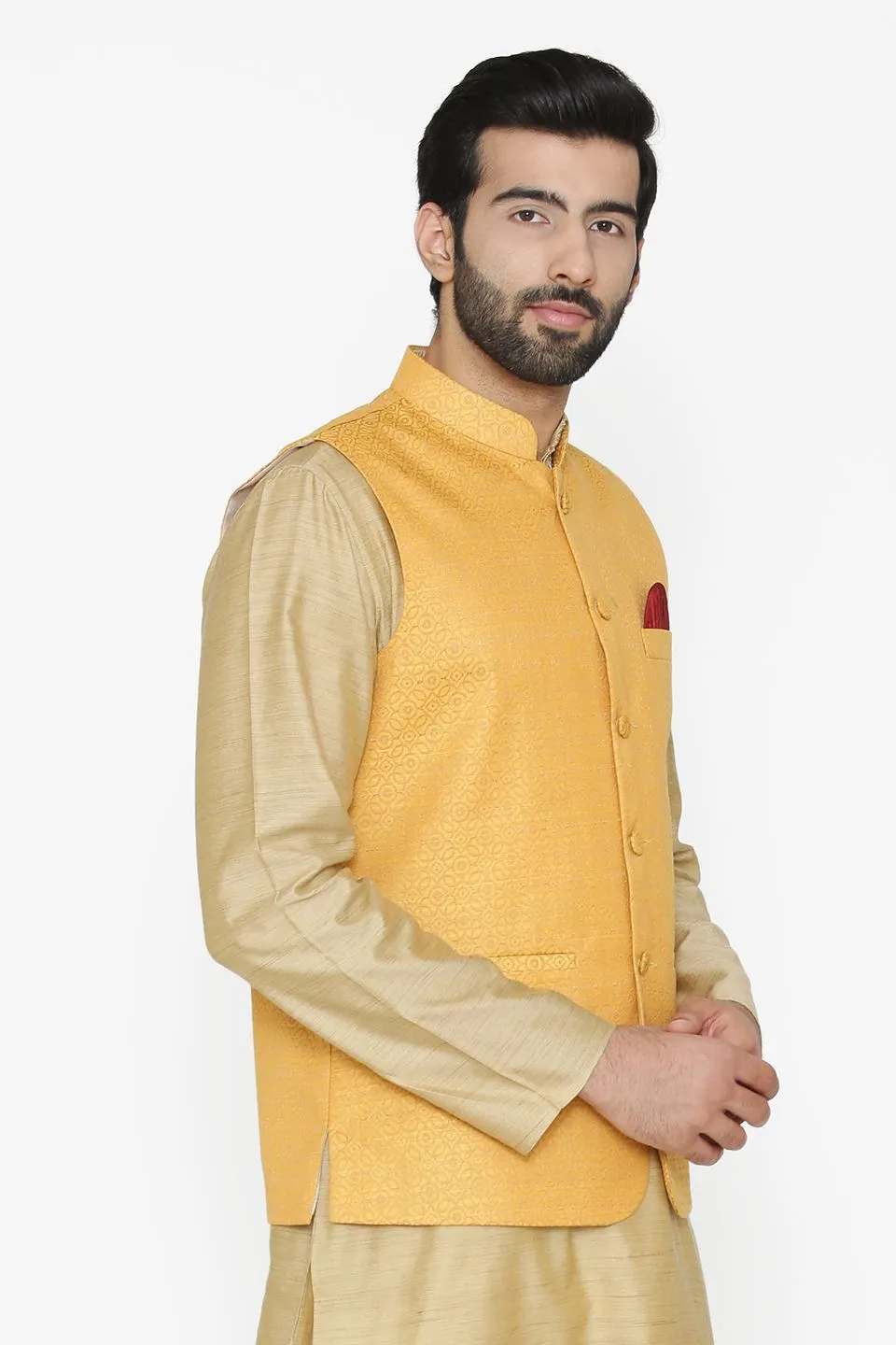 Banarasi Art Silk Cotton Blend Yellow Modi Nehru Jacket