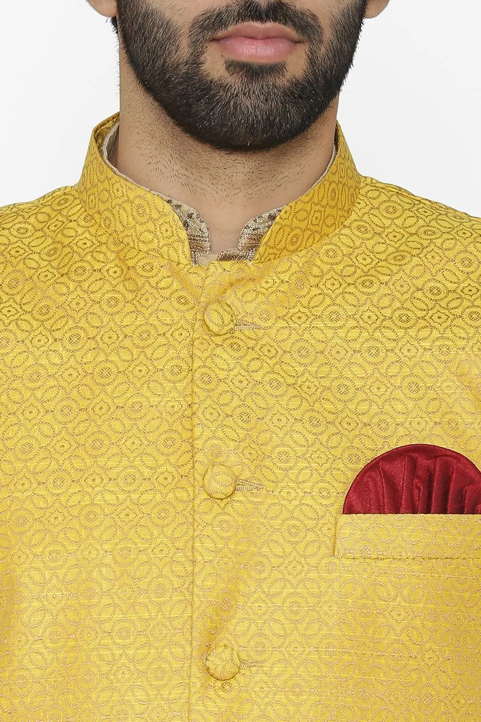 Banarasi Art Silk Cotton Blend Yellow Modi Nehru Jacket