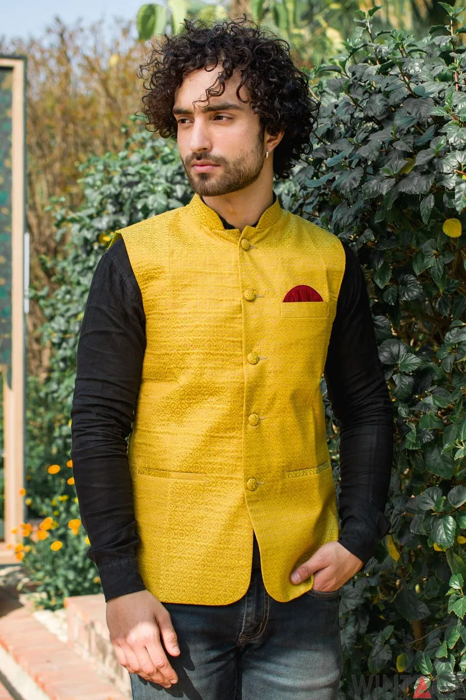 Banarasi Art Silk Cotton Blend Yellow Modi Nehru Jacket