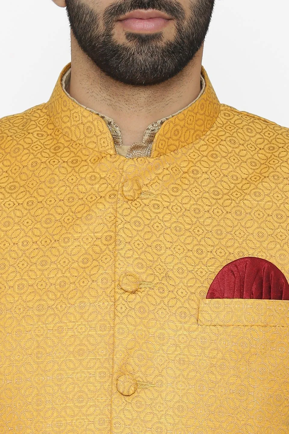 Banarasi Art Silk Cotton Blend Yellow Modi Nehru Jacket