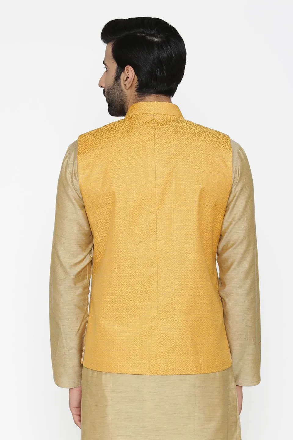 Banarasi Art Silk Cotton Blend Yellow Modi Nehru Jacket