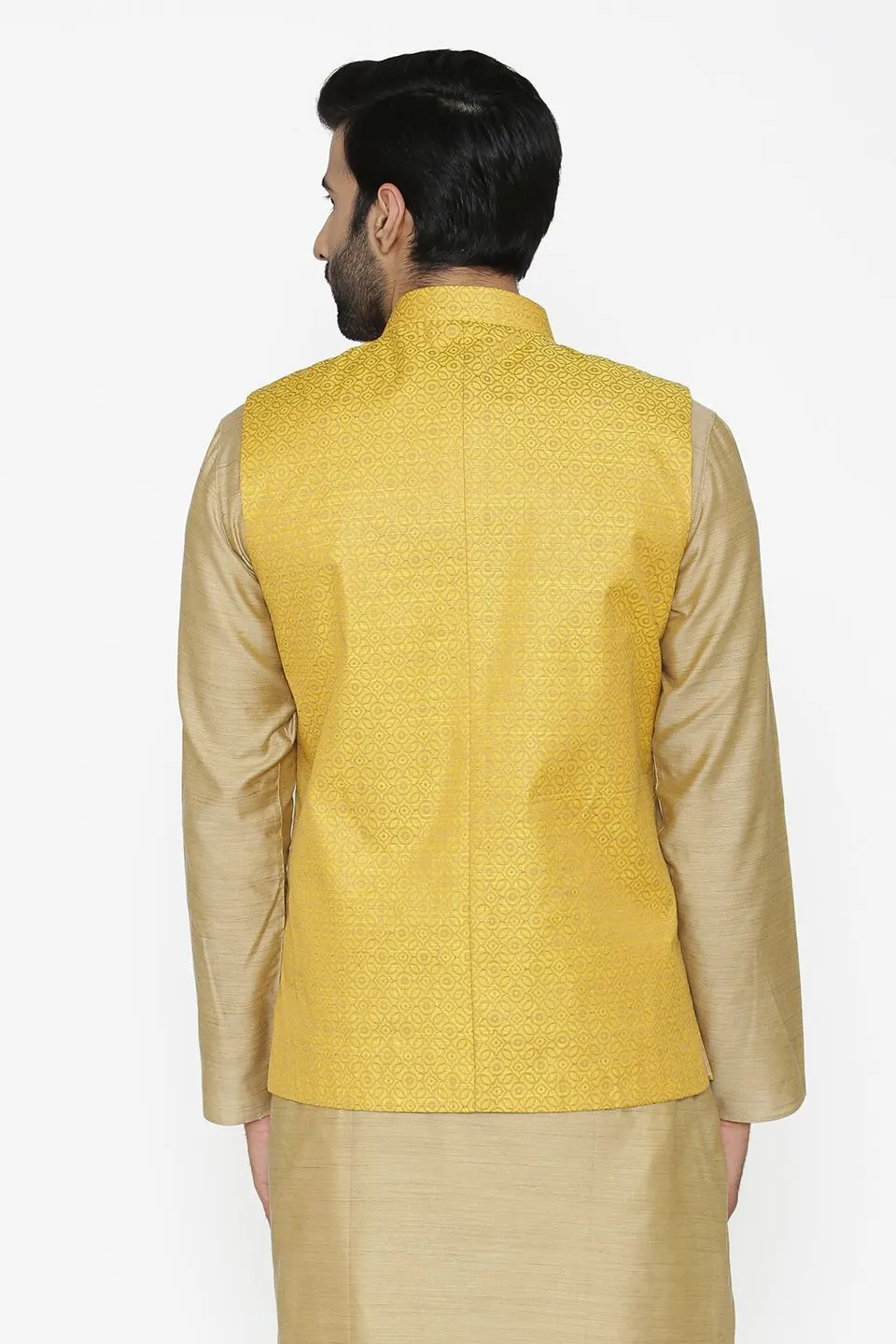 Banarasi Art Silk Cotton Blend Yellow Modi Nehru Jacket