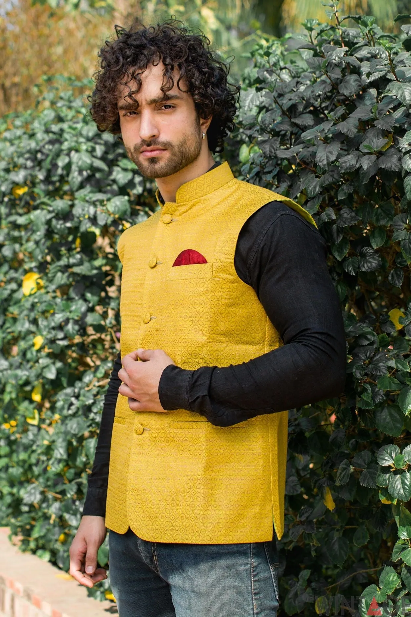 Banarasi Art Silk Cotton Blend Yellow Modi Nehru Jacket