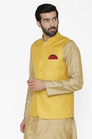 Banarasi Art Silk Cotton Blend Yellow Modi Nehru Jacket