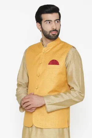 Banarasi Art Silk Cotton Blend Yellow Modi Nehru Jacket