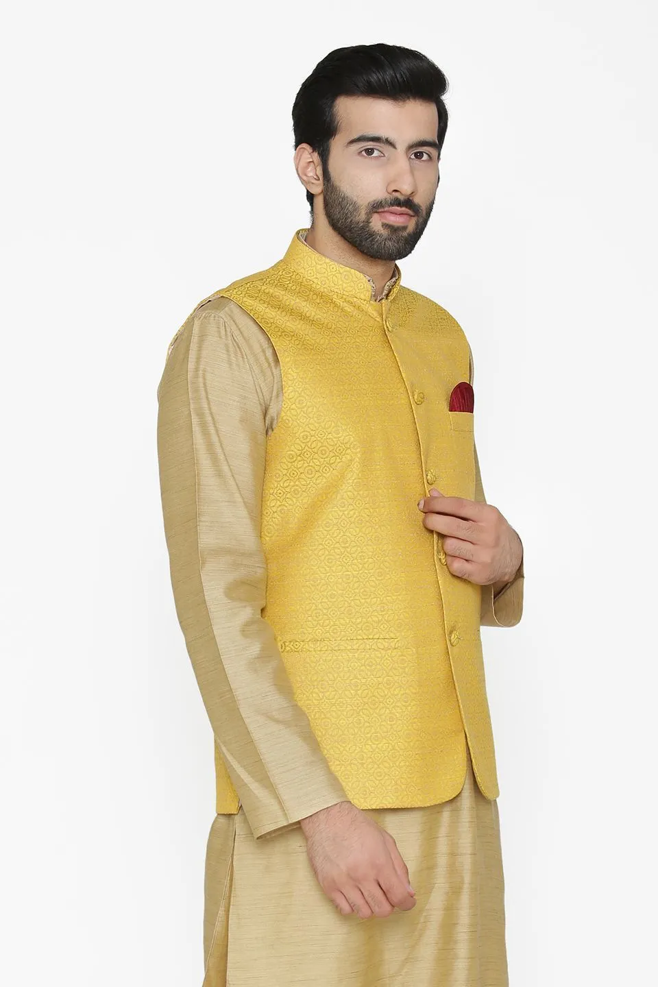 Banarasi Art Silk Cotton Blend Yellow Modi Nehru Jacket