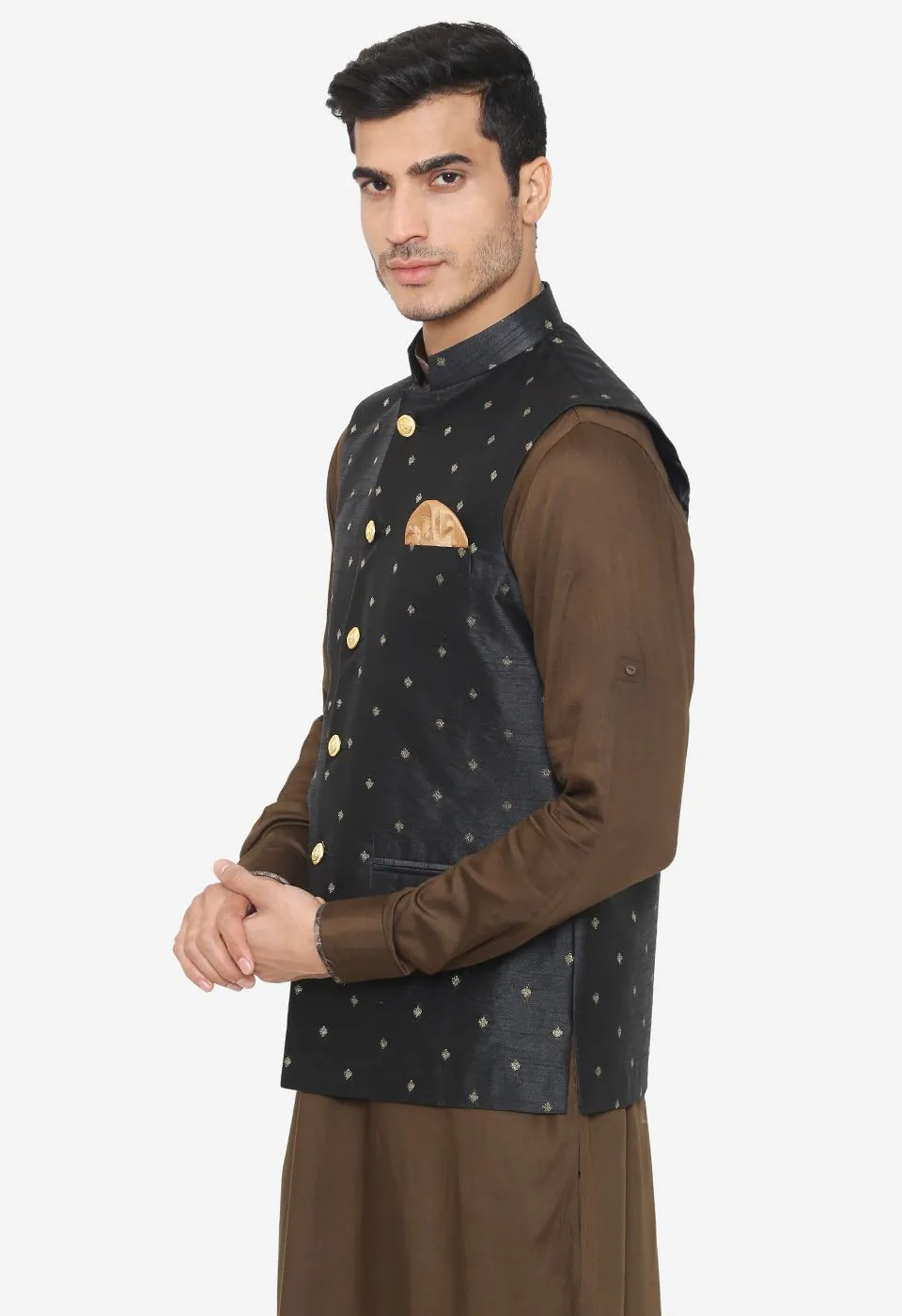 Banarasi Rayon Cotton Black Nehru Modi Jacket