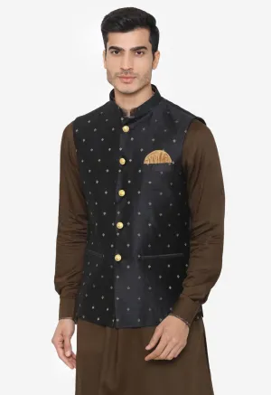 Banarasi Rayon Cotton Black Nehru Modi Jacket