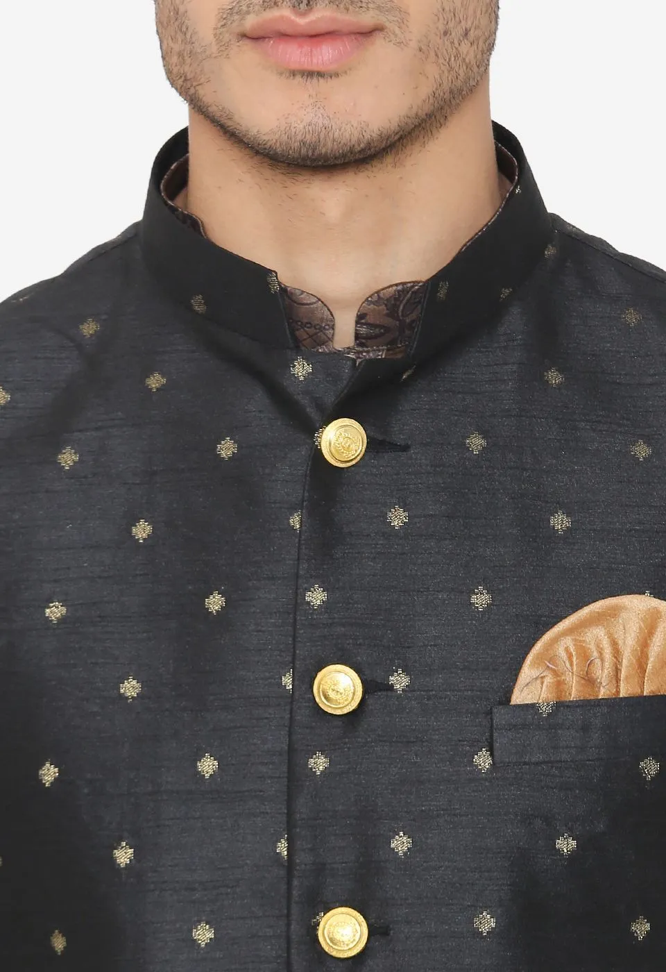 Banarasi Rayon Cotton Black Nehru Modi Jacket