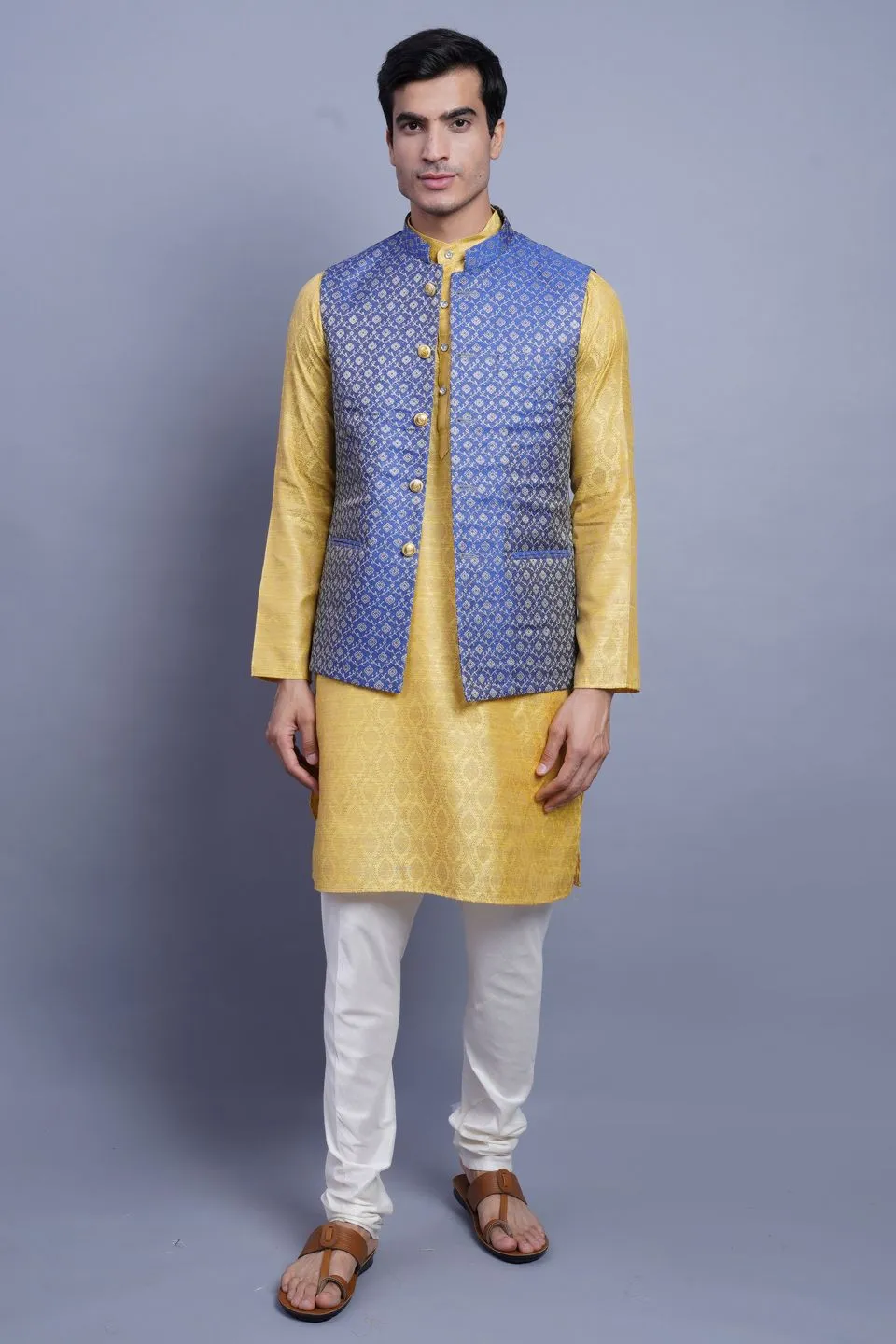 Banarasi Rayon Cotton Blue Modi Nehru Jacket