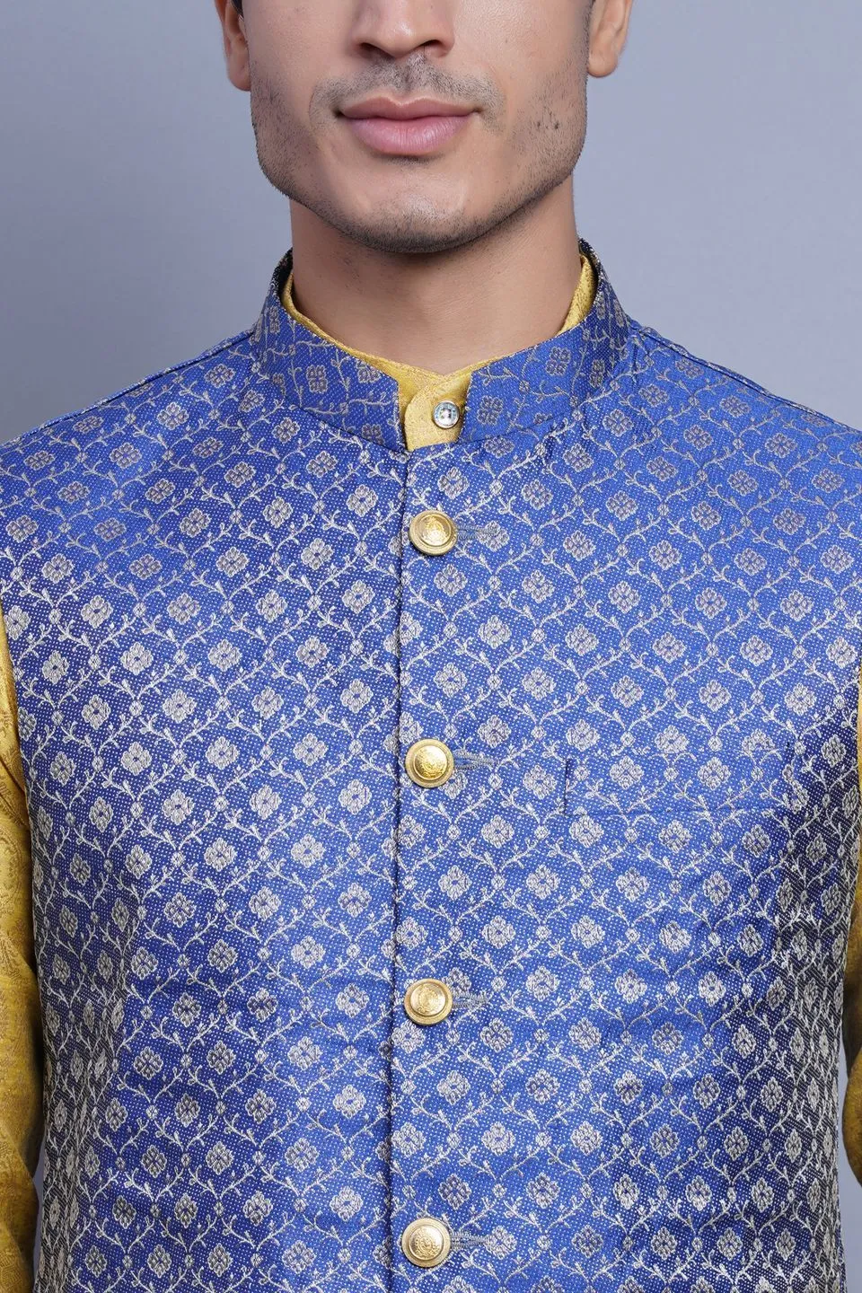 Banarasi Rayon Cotton Blue Modi Nehru Jacket