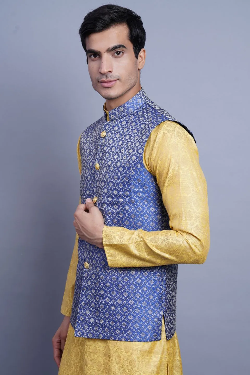 Banarasi Rayon Cotton Blue Modi Nehru Jacket