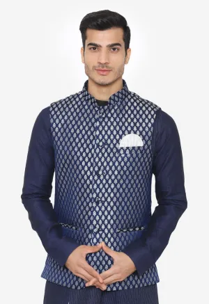 Banarasi Rayon Cotton Blue Nehru Modi Jacket
