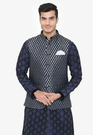 Banarasi Rayon Cotton Blue Nehru Modi Jacket