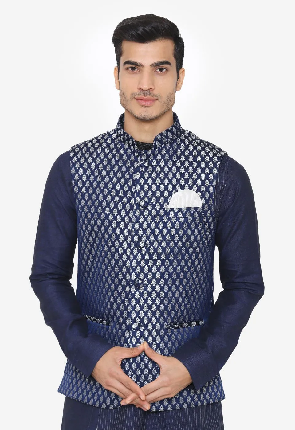 Banarasi Rayon Cotton Blue Nehru Modi Jacket