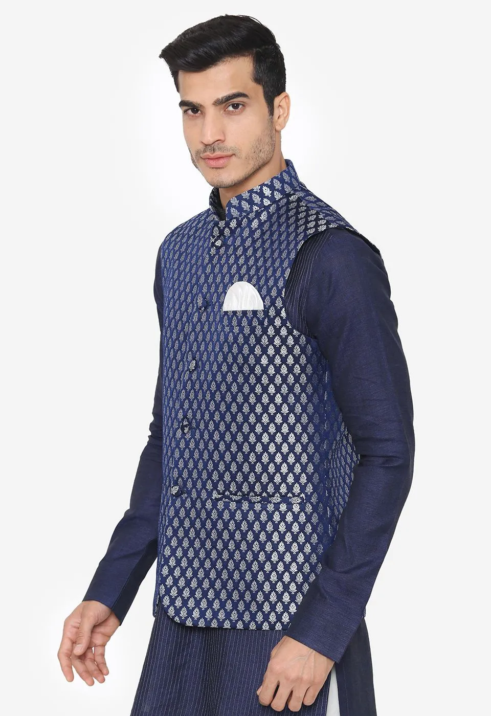 Banarasi Rayon Cotton Blue Nehru Modi Jacket