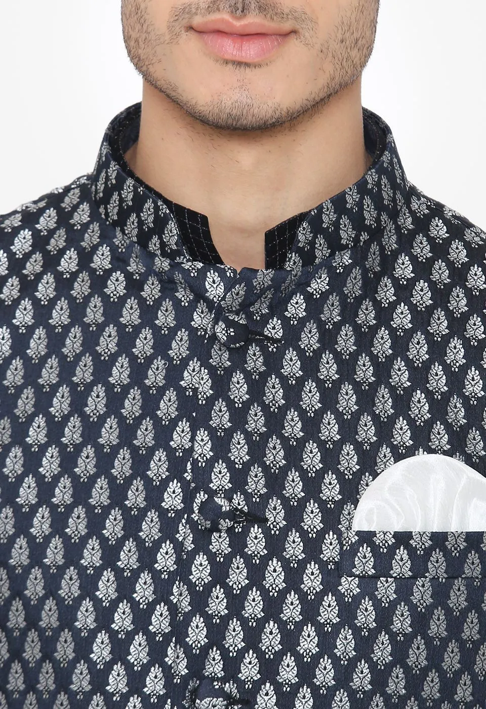 Banarasi Rayon Cotton Blue Nehru Modi Jacket