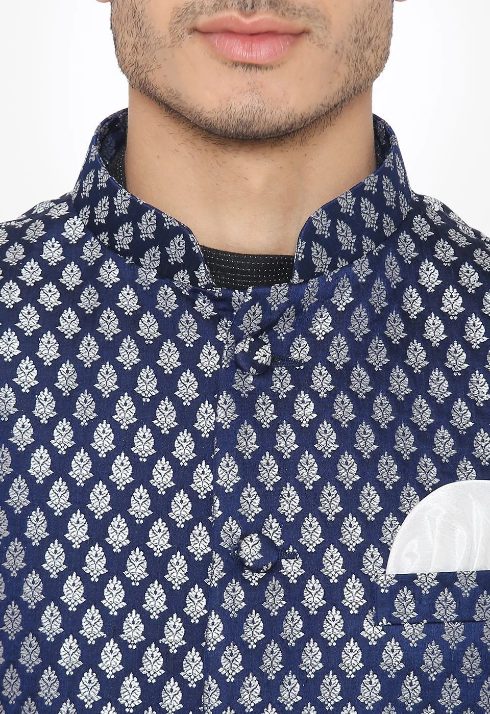 Banarasi Rayon Cotton Blue Nehru Modi Jacket