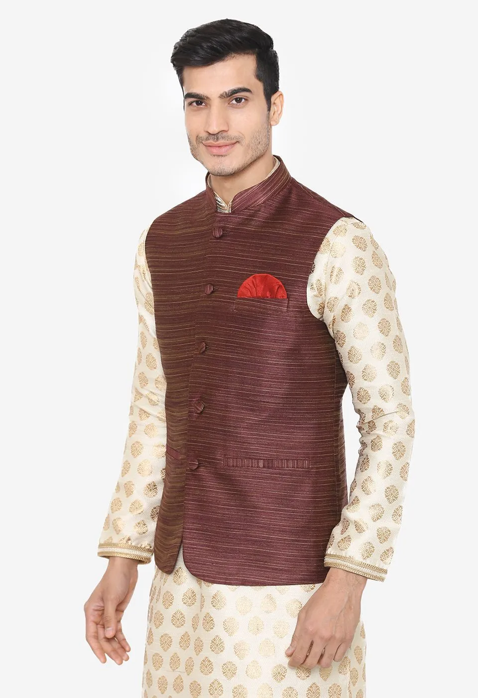 Banarasi Rayon Cotton Brown Nehru Modi Jacket
