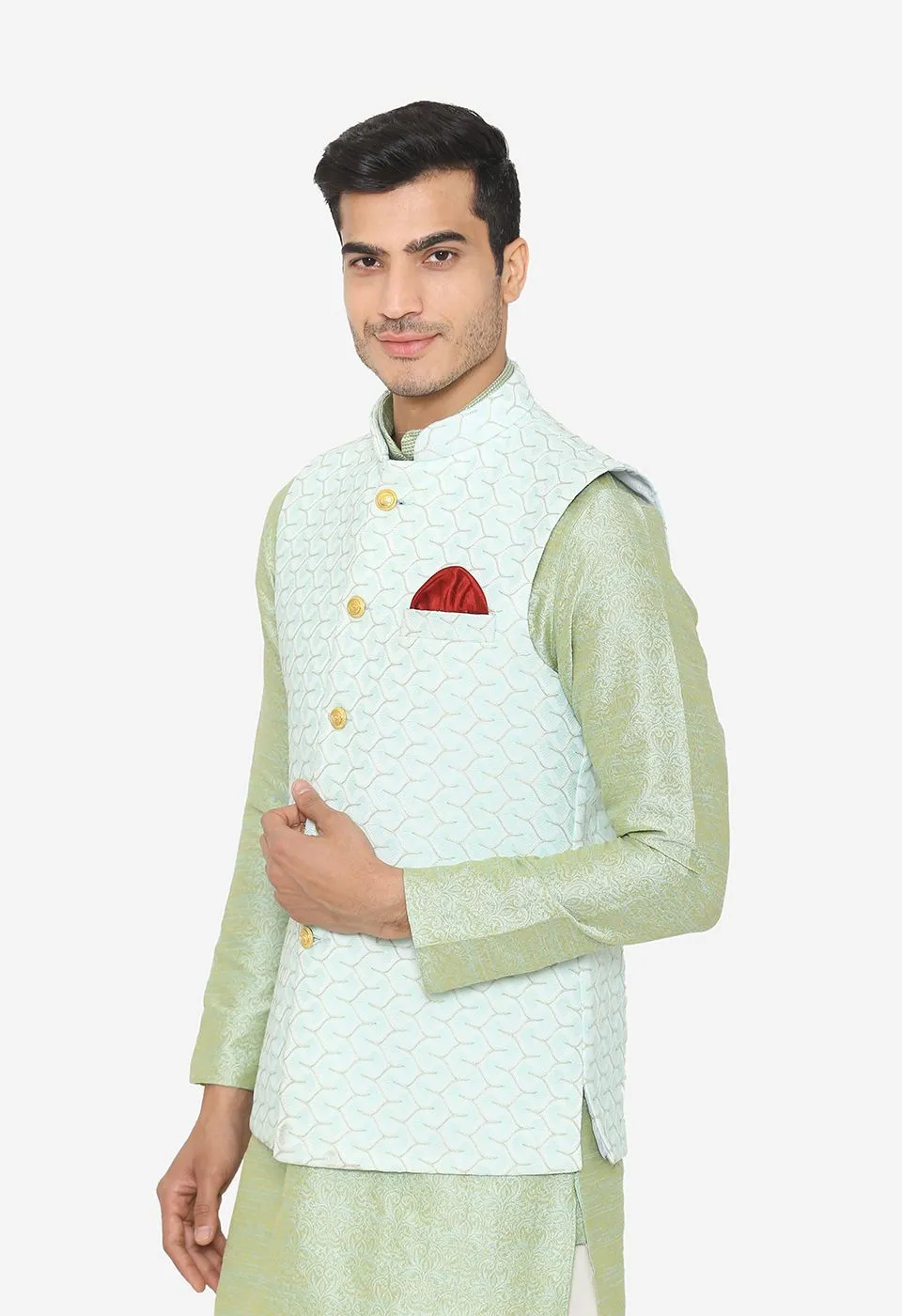 Banarasi Rayon Cotton Green Nehru Modi Jacket