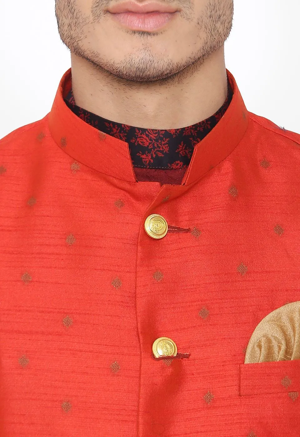 Banarasi Rayon Cotton Orange Nehru Modi Jacket