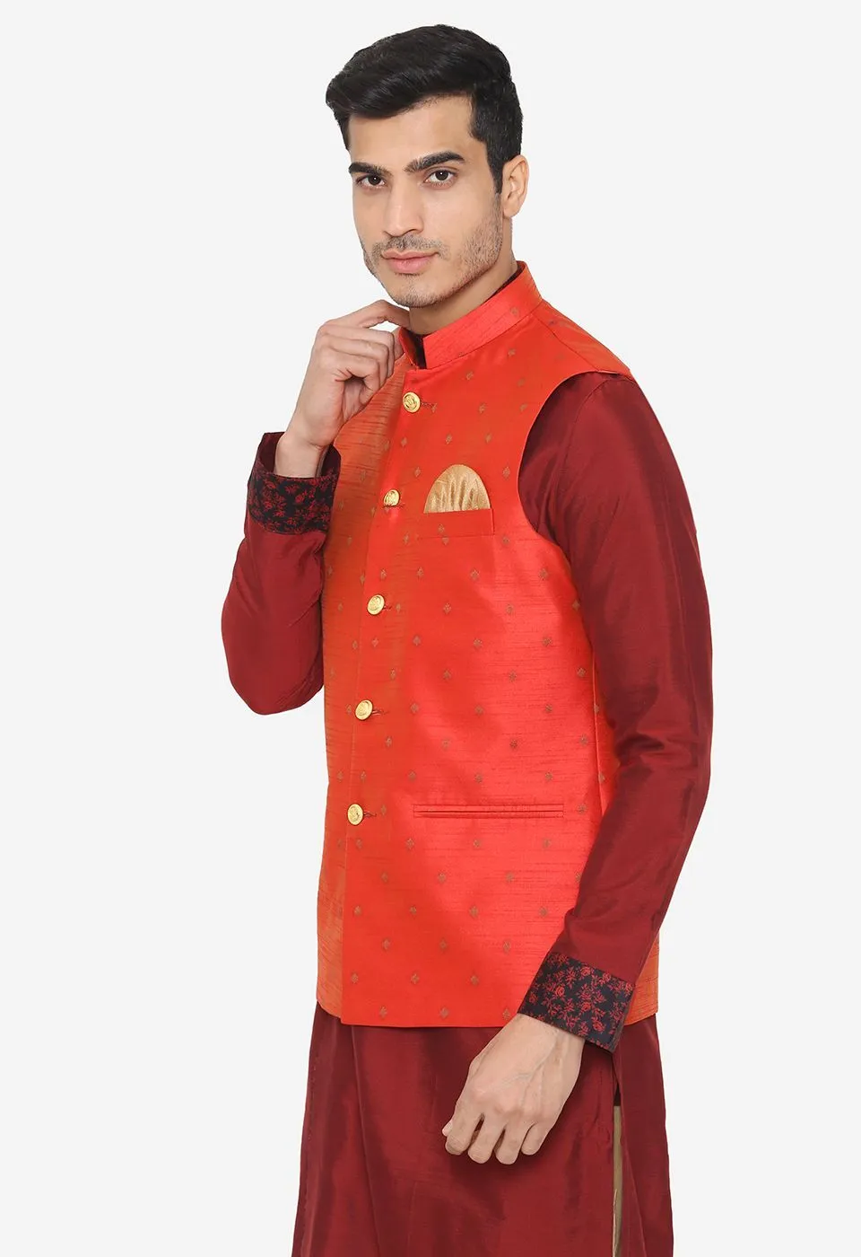 Banarasi Rayon Cotton Orange Nehru Modi Jacket