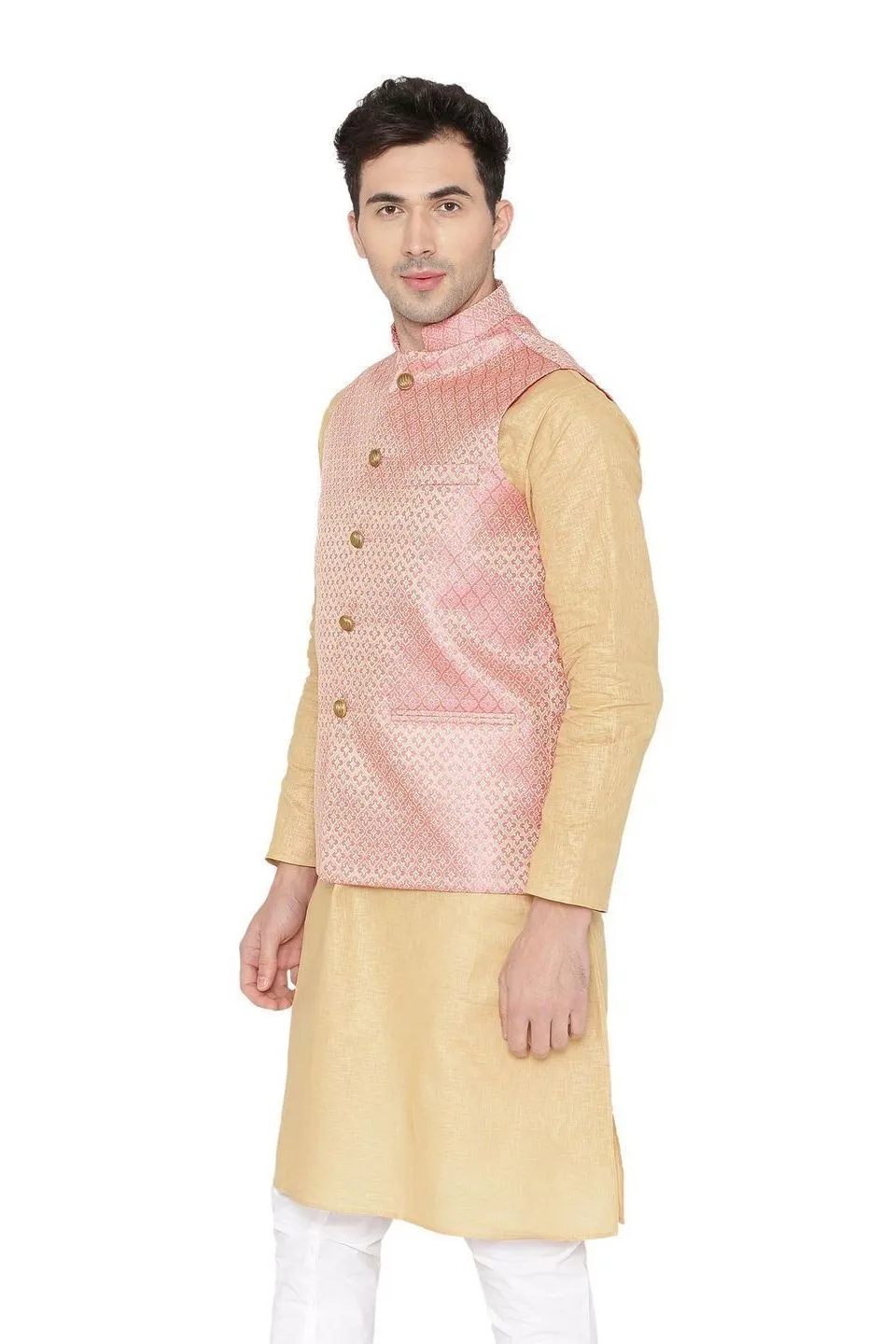 Banarasi Rayon Cotton Pink Modi Nehru Jacket