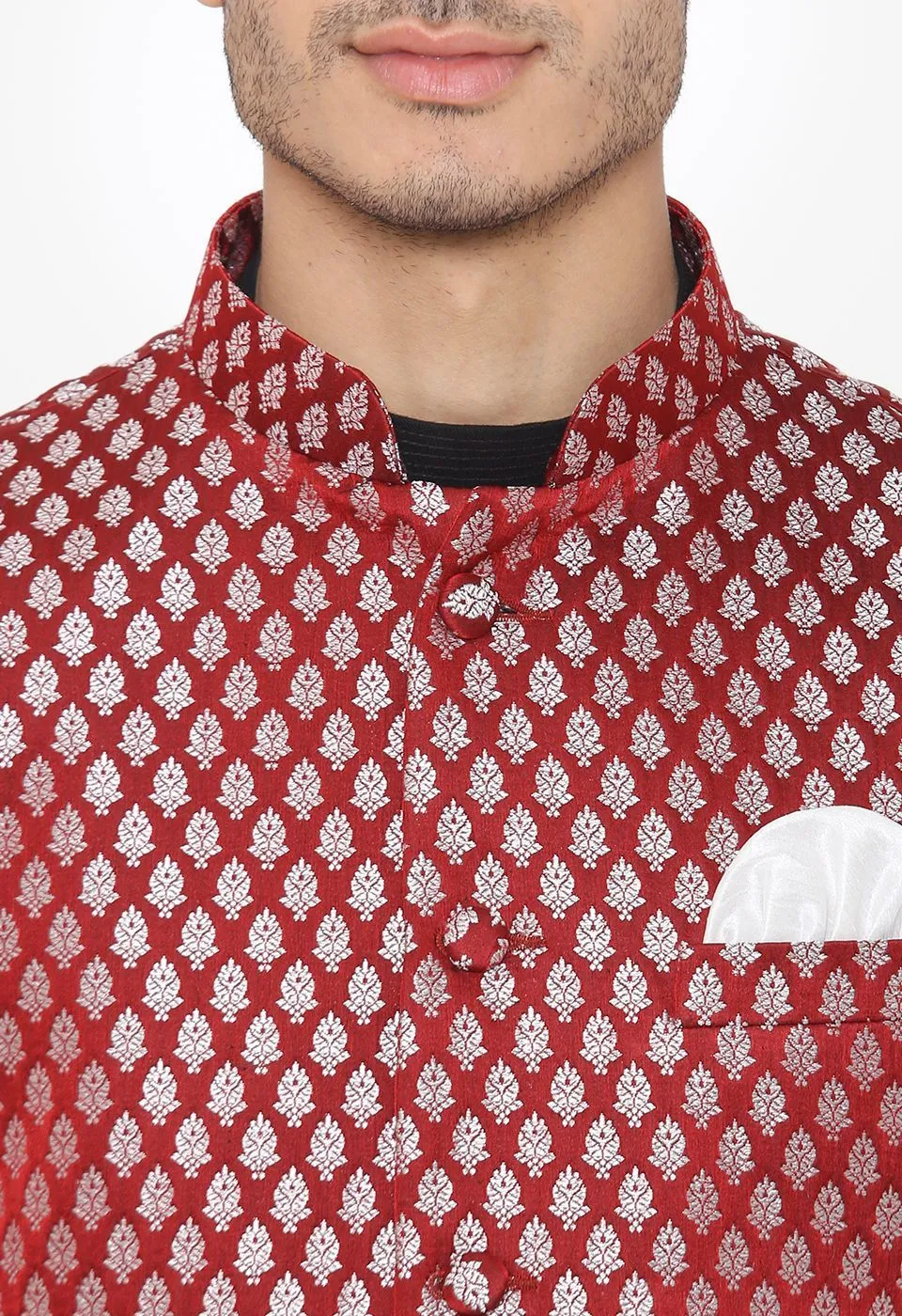 Banarasi Rayon Cotton Red Nehru Modi Jacket