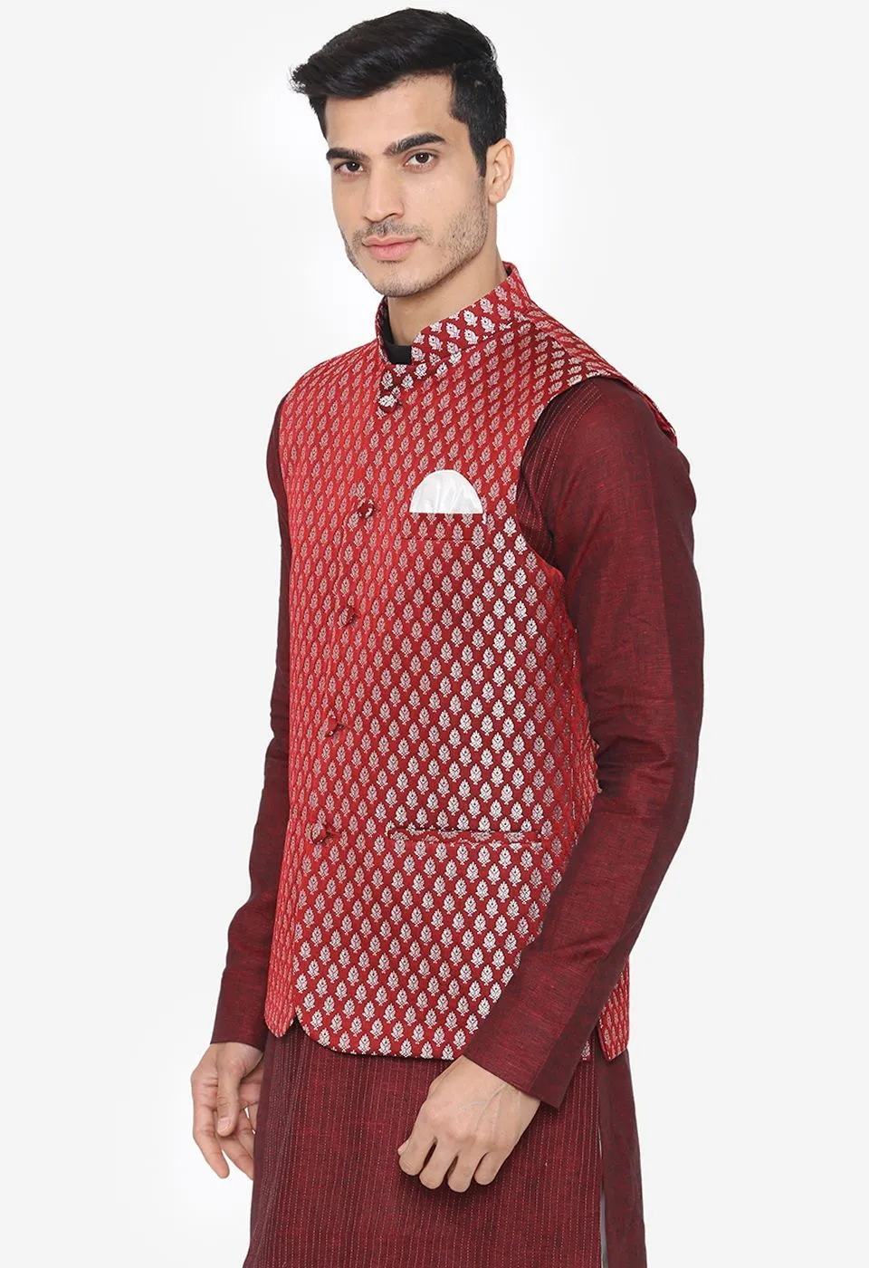 Banarasi Rayon Cotton Red Nehru Modi Jacket