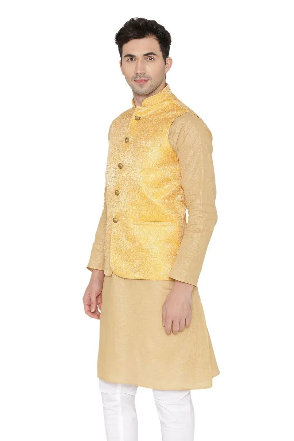 Banarasi Rayon Cotton Yellow Modi Nehru Jacket