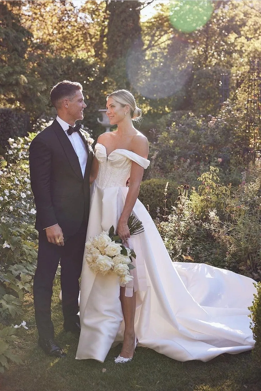 Beaded Satin Wedding Gown with Off-the-shoulder Neckline