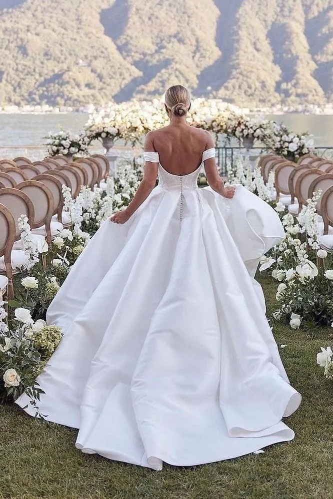 Beaded Satin Wedding Gown with Off-the-shoulder Neckline