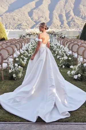 Beaded Satin Wedding Gown with Off-the-shoulder Neckline