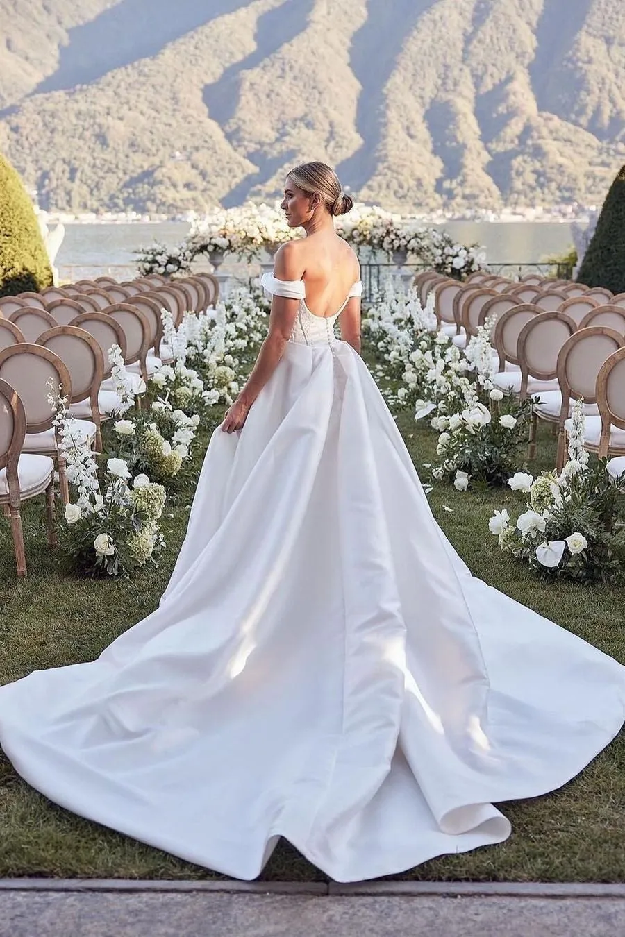 Beaded Satin Wedding Gown with Off-the-shoulder Neckline