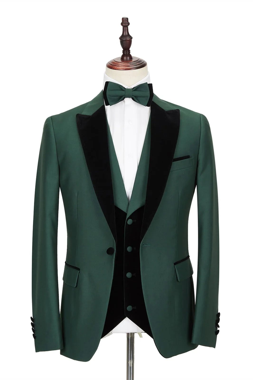 Black Peak Lapel Dark Green Men Wedding Suit Velvet Banding Edge Formal Suit