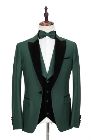 Black Peak Lapel Dark Green Men Wedding Suit Velvet Banding Edge Formal Suit
