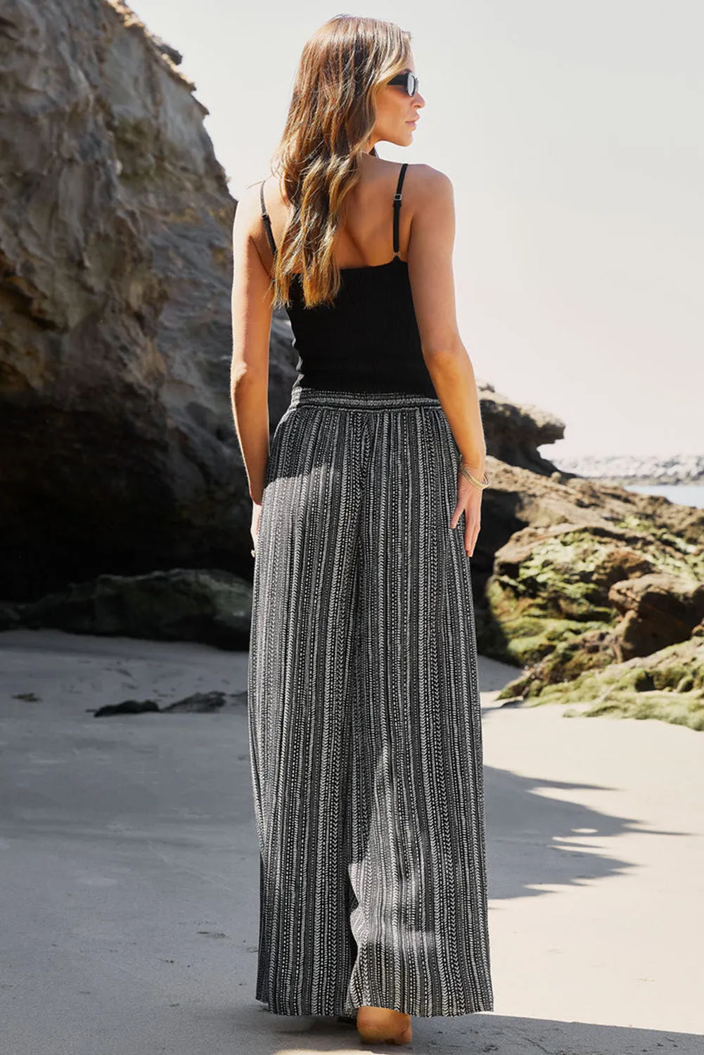 Black Printed Wide Split Leg Beach Pants